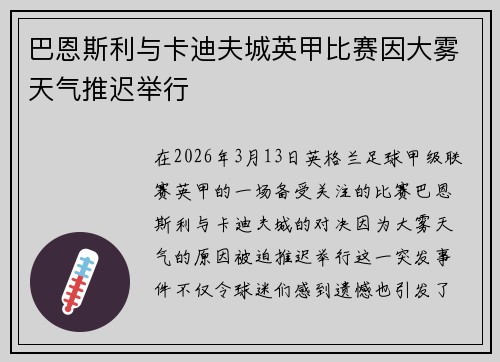 巴恩斯利与卡迪夫城英甲比赛因大雾天气推迟举行
