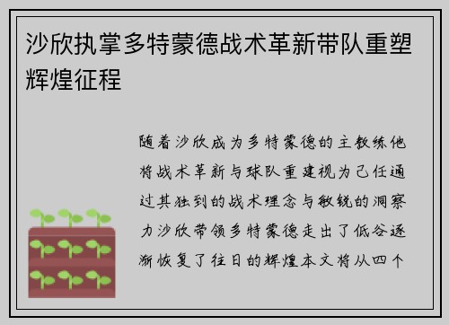 沙欣执掌多特蒙德战术革新带队重塑辉煌征程