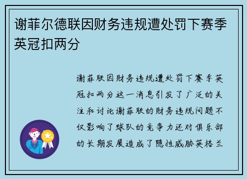谢菲尔德联因财务违规遭处罚下赛季英冠扣两分