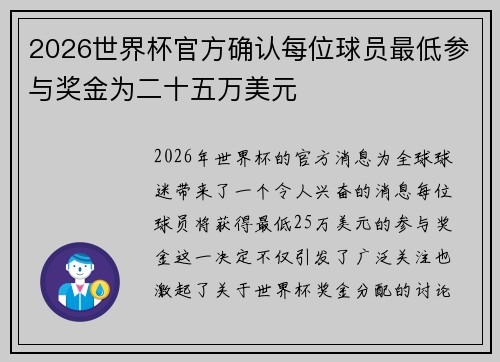 2026世界杯官方确认每位球员最低参与奖金为二十五万美元
